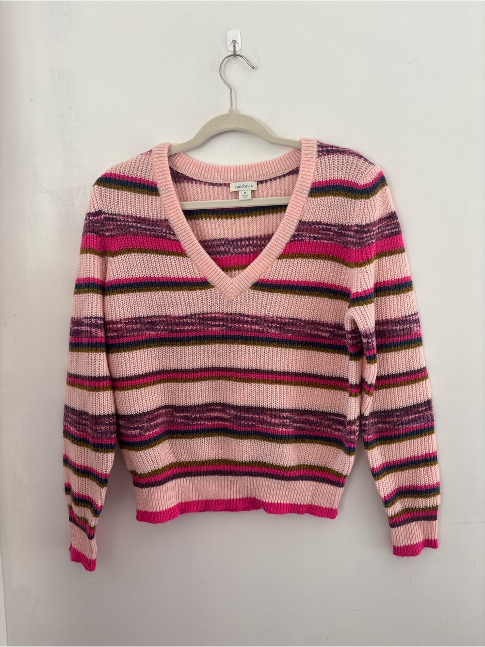 Sundance M Pink Striped Knit Wool Blend V Neck Sweater